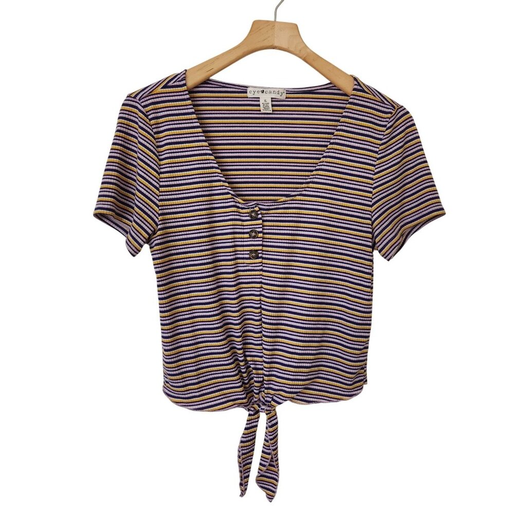 Eye Candy Striped Knot Front Short Sleeve Top Purple Yellow Summer - Picture 2 of 6